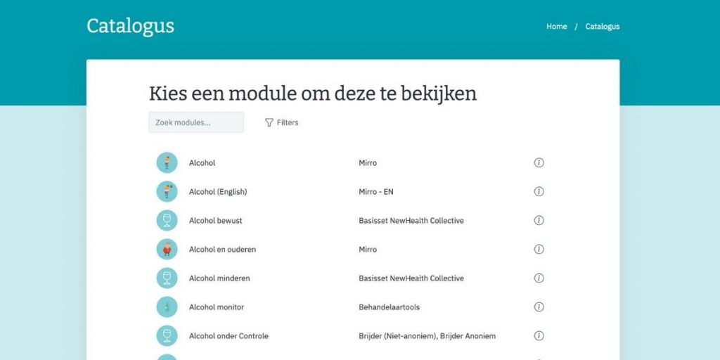 De Mirro modules staan nu ook in het NewHealth-platform, dit is een screenshot van de zelfhulpmodules